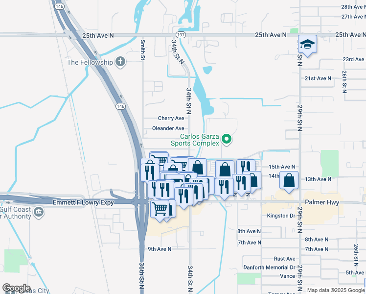 map of restaurants, bars, coffee shops, grocery stores, and more near 3406 Palm Avenue in Texas City