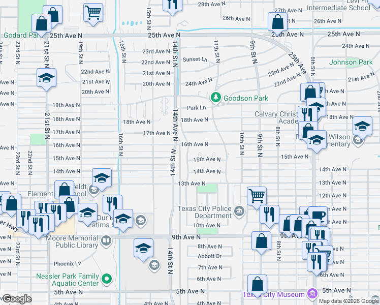 map of restaurants, bars, coffee shops, grocery stores, and more near 1210 15th Avenue North in Texas City