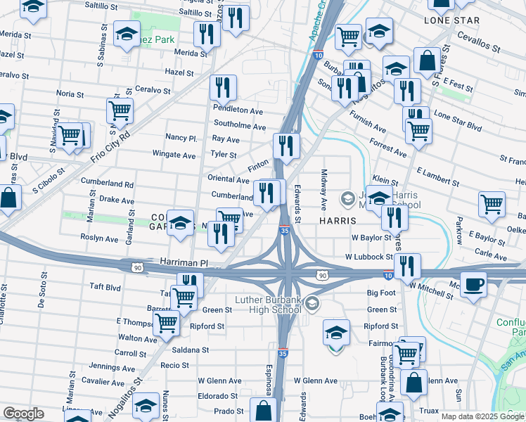 map of restaurants, bars, coffee shops, grocery stores, and more near 1401 Nogalitos Street in San Antonio