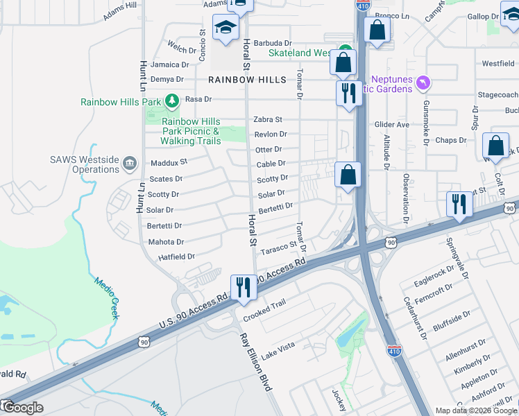 map of restaurants, bars, coffee shops, grocery stores, and more near 350 Solar Drive in San Antonio