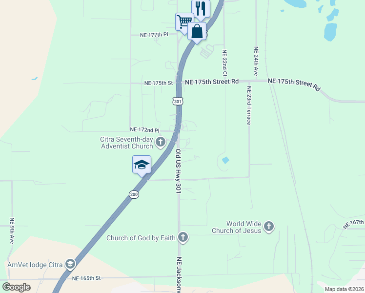 map of restaurants, bars, coffee shops, grocery stores, and more near 17201 Northeast Jacksonville Road in Citra
