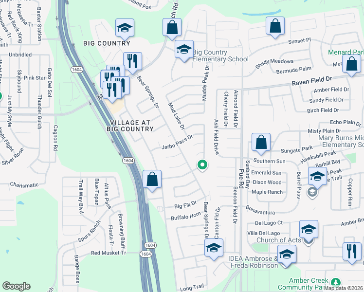 map of restaurants, bars, coffee shops, grocery stores, and more near 11338 Jarbo Pass Drive in San Antonio
