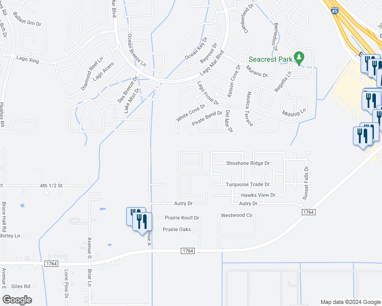map of restaurants, bars, coffee shops, grocery stores, and more near 12630 Pirate Bend Drive in Texas City