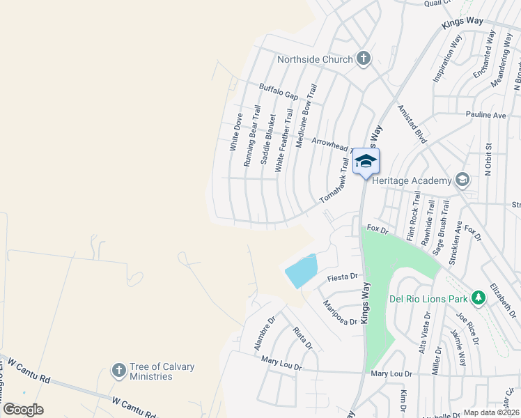 map of restaurants, bars, coffee shops, grocery stores, and more near 223 White Feather Trail in Del Rio