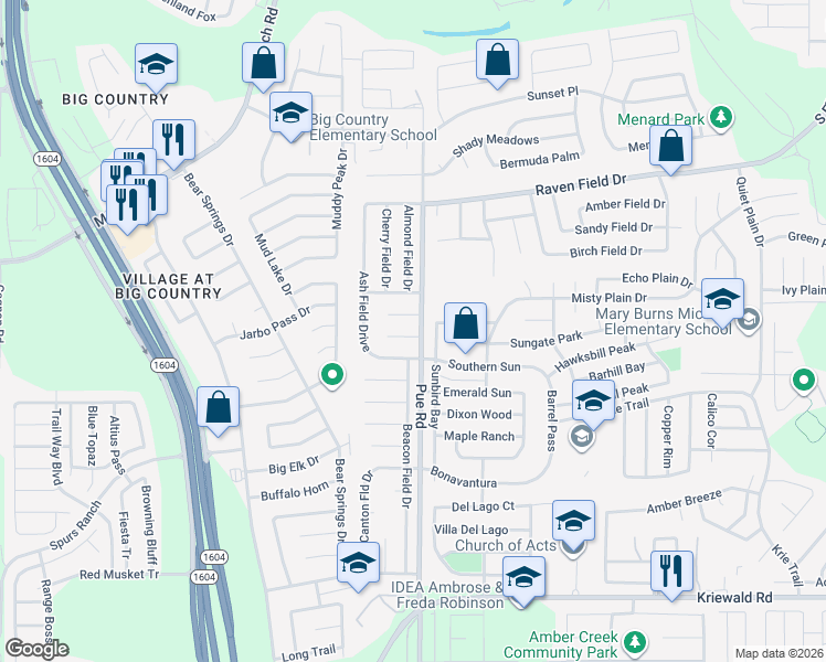 map of restaurants, bars, coffee shops, grocery stores, and more near 10200 Barron Field in San Antonio