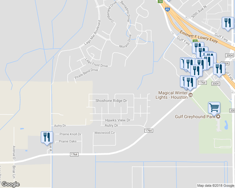 map of restaurants, bars, coffee shops, grocery stores, and more near 227 Splintered Arrow Drive in La Marque