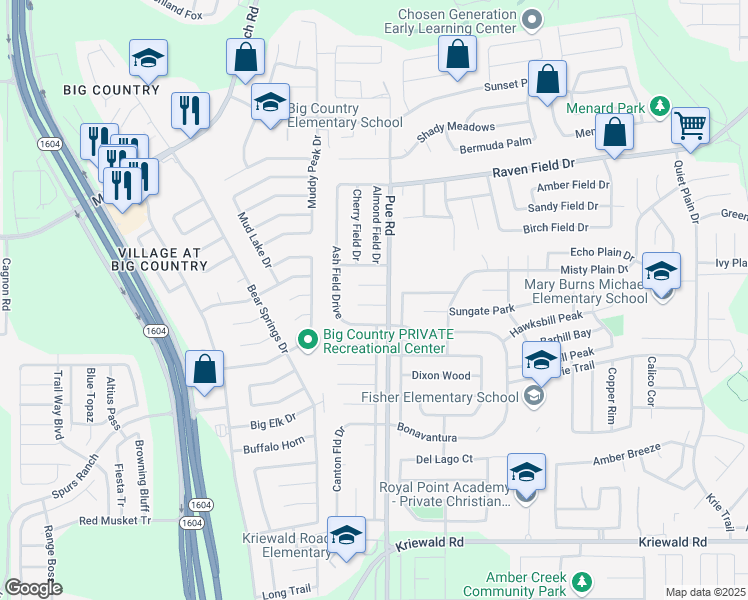 map of restaurants, bars, coffee shops, grocery stores, and more near 10215 Athens Field Drive in San Antonio