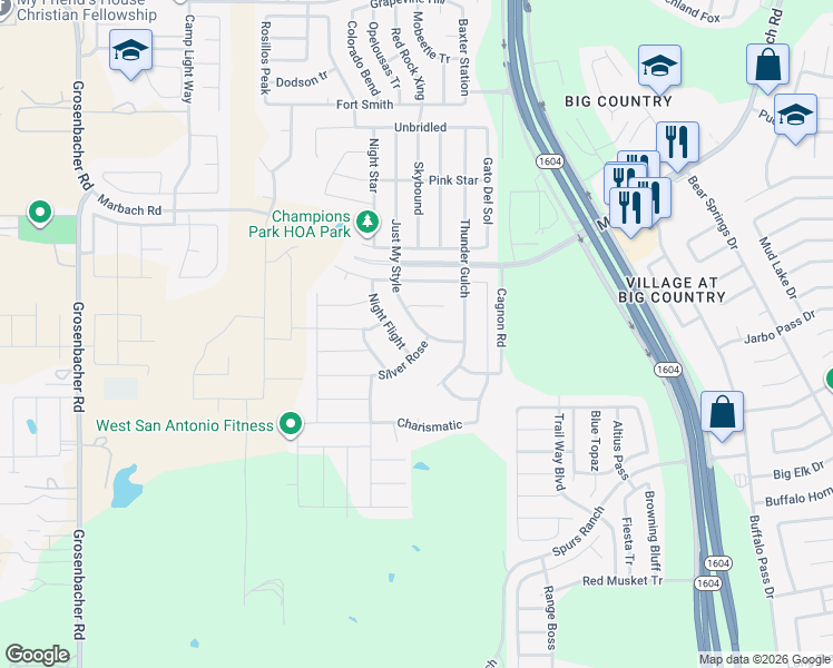 map of restaurants, bars, coffee shops, grocery stores, and more near 2955 Just My Style in San Antonio