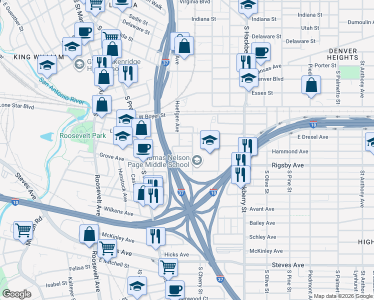 map of restaurants, bars, coffee shops, grocery stores, and more near 339 East Whittier Street in San Antonio