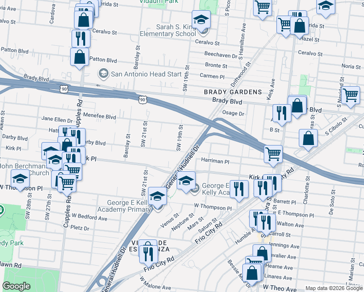 map of restaurants, bars, coffee shops, grocery stores, and more near 2242 Southwest 19th Street in San Antonio
