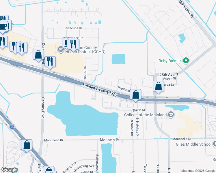 map of restaurants, bars, coffee shops, grocery stores, and more near 1701 Tara Circle in Texas City