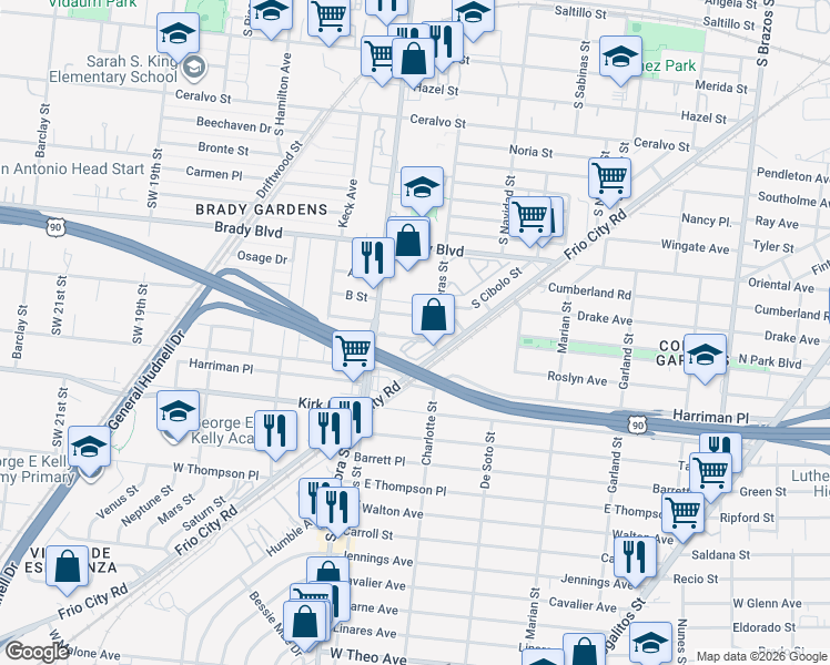 map of restaurants, bars, coffee shops, grocery stores, and more near 218 Dorris Street in San Antonio