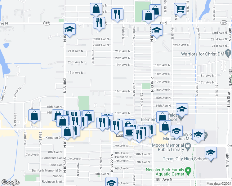 map of restaurants, bars, coffee shops, grocery stores, and more near 2421 16th Avenue North in Texas City