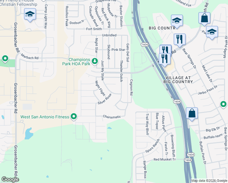 map of restaurants, bars, coffee shops, grocery stores, and more near 2964 Just My Style in San Antonio