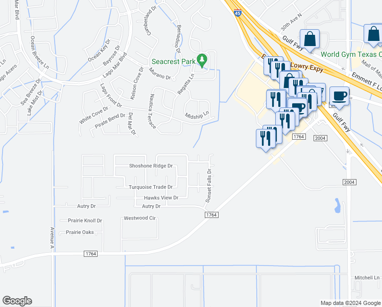 map of restaurants, bars, coffee shops, grocery stores, and more near 146 Mustang Stampede Drive in La Marque