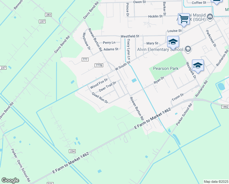 map of restaurants, bars, coffee shops, grocery stores, and more near 2801 Mockingbird Drive in Alvin