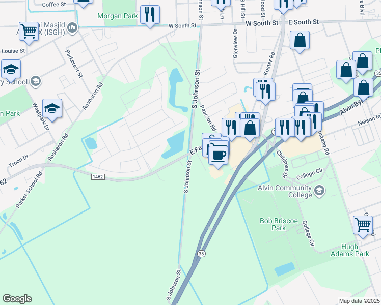 map of restaurants, bars, coffee shops, grocery stores, and more near 2401 South Johnson Street in Alvin
