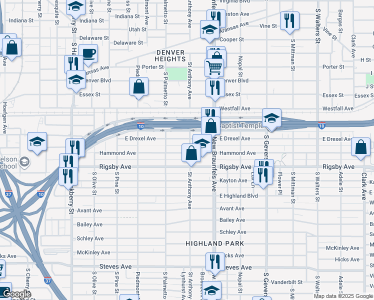 map of restaurants, bars, coffee shops, grocery stores, and more near 601 Hammond Avenue in San Antonio