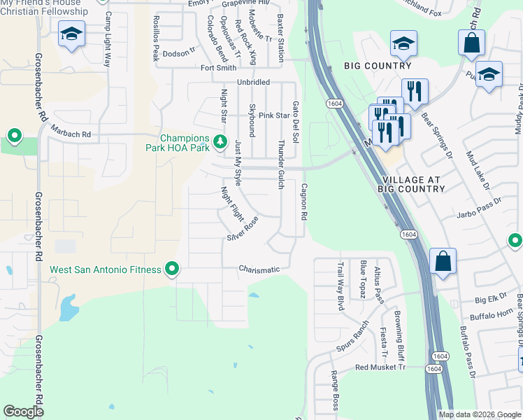 map of restaurants, bars, coffee shops, grocery stores, and more near 2960 Just My Style in San Antonio