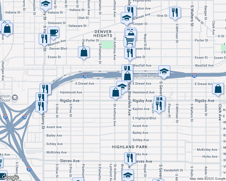map of restaurants, bars, coffee shops, grocery stores, and more near 601 Hammond Avenue in San Antonio