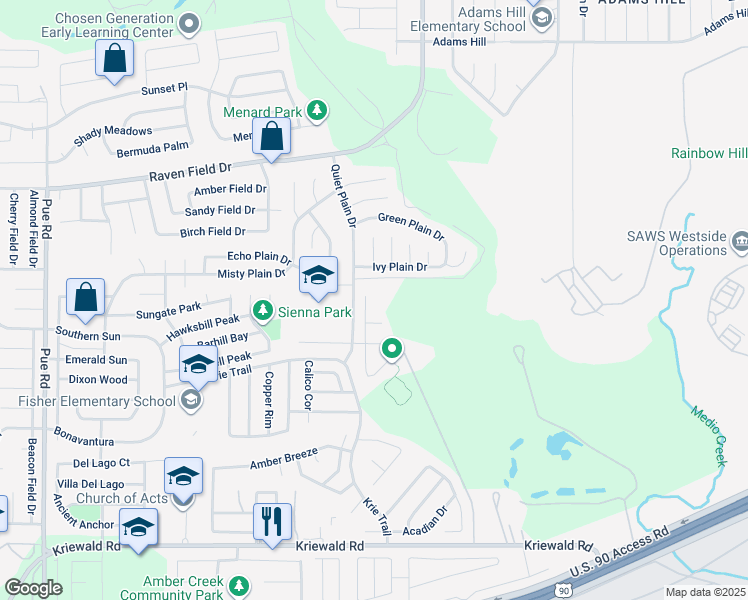 map of restaurants, bars, coffee shops, grocery stores, and more near 3011 Saylers Creek in San Antonio