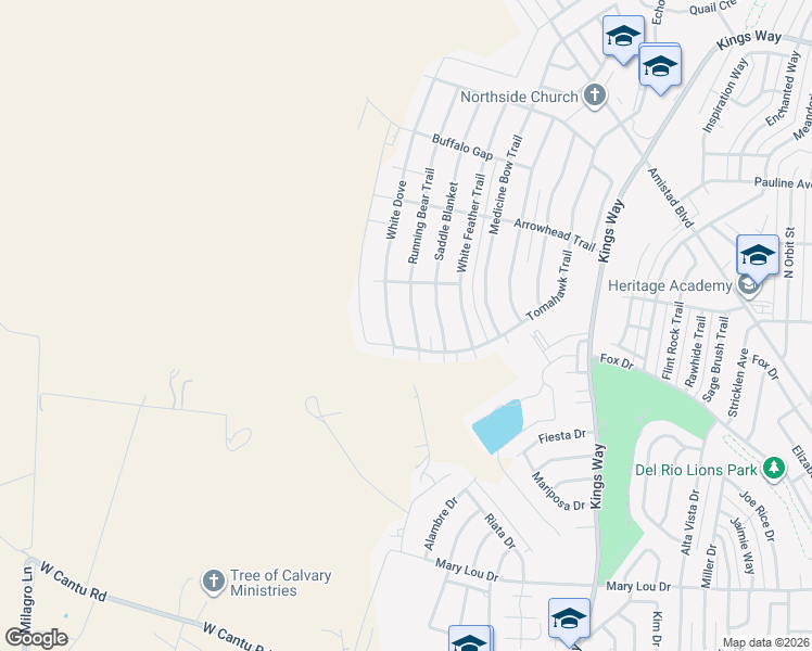 map of restaurants, bars, coffee shops, grocery stores, and more near 224 Running Bear Trail in Del Rio