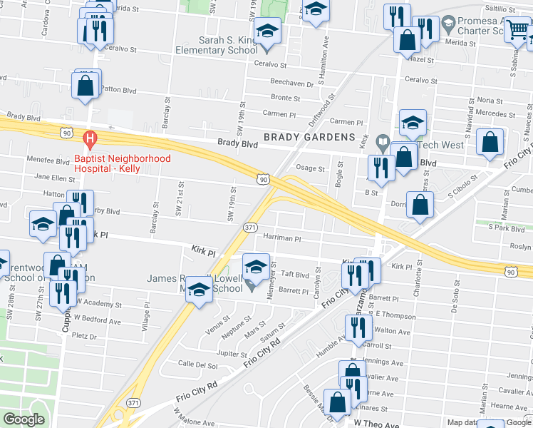 map of restaurants, bars, coffee shops, grocery stores, and more near 254 Arapahoe Drive in San Antonio