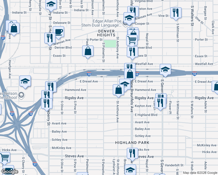 map of restaurants, bars, coffee shops, grocery stores, and more near 519 Hammond Avenue in San Antonio