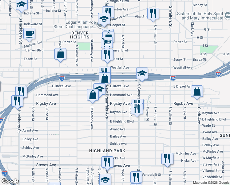 map of restaurants, bars, coffee shops, grocery stores, and more near 725 Hammond Avenue in San Antonio