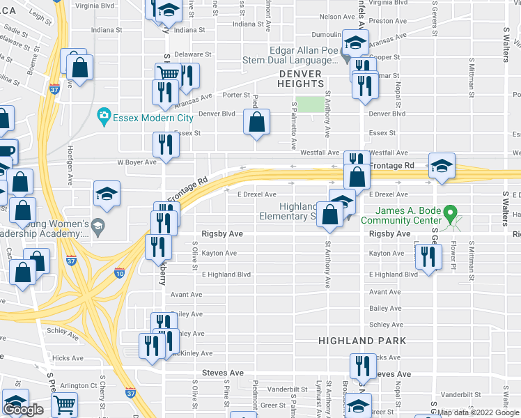 map of restaurants, bars, coffee shops, grocery stores, and more near 407 Hammond Avenue in San Antonio