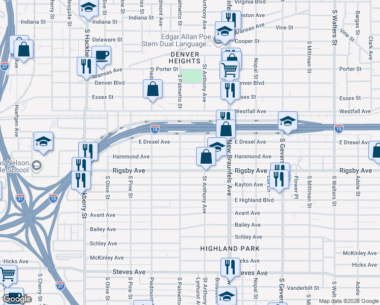 map of restaurants, bars, coffee shops, grocery stores, and more near 519 Hammond Avenue in San Antonio