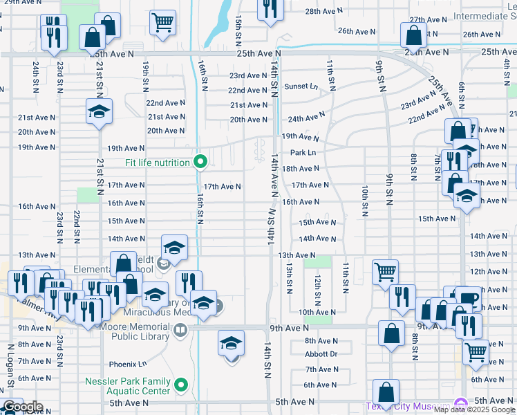 map of restaurants, bars, coffee shops, grocery stores, and more near 1417 16th Avenue North in Texas City