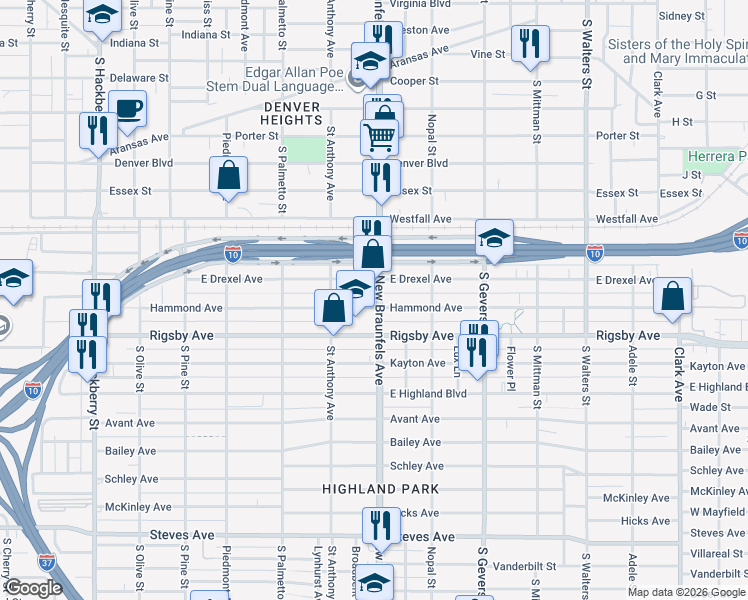 map of restaurants, bars, coffee shops, grocery stores, and more near 1901 South New Braunfels Avenue in San Antonio