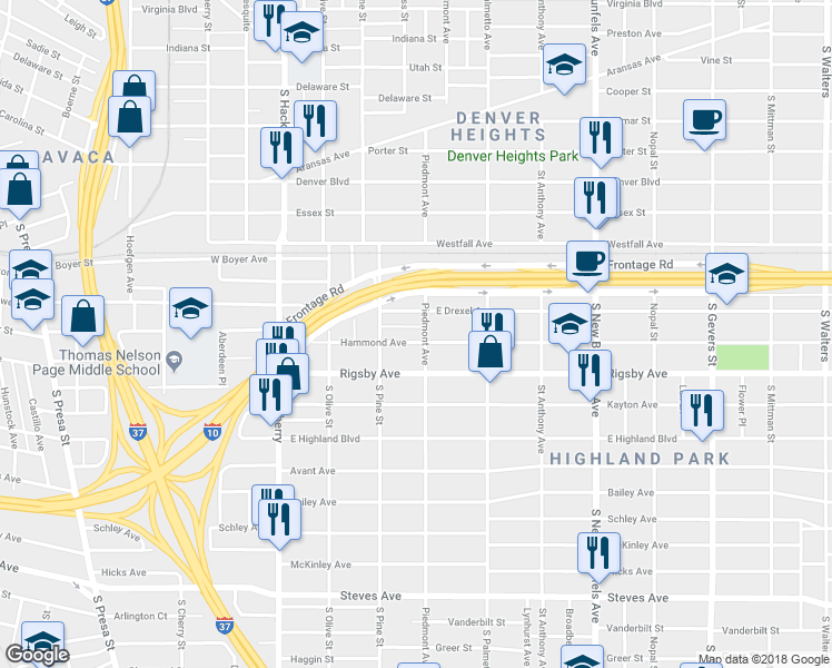 map of restaurants, bars, coffee shops, grocery stores, and more near 407 Hammond Avenue in San Antonio