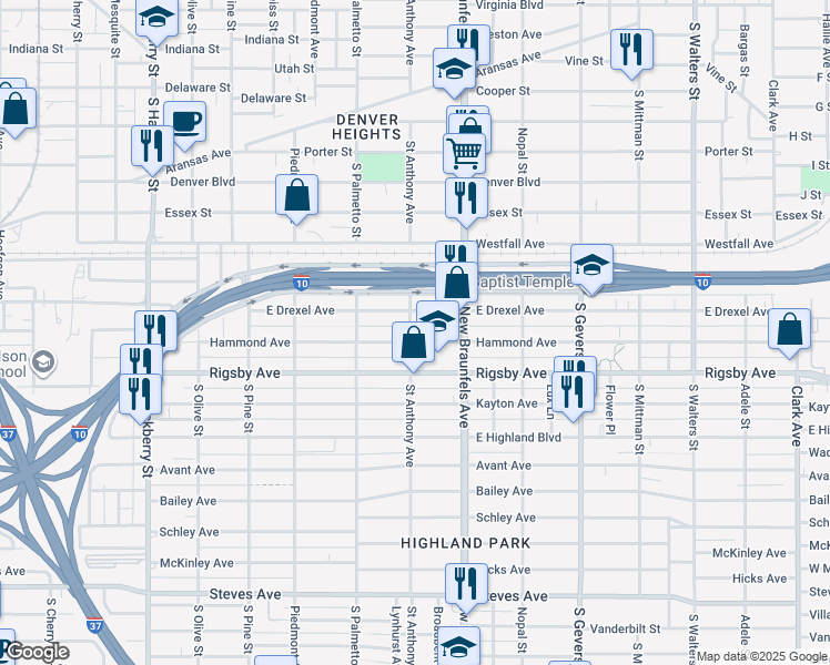 map of restaurants, bars, coffee shops, grocery stores, and more near 601 Hammond Avenue in San Antonio
