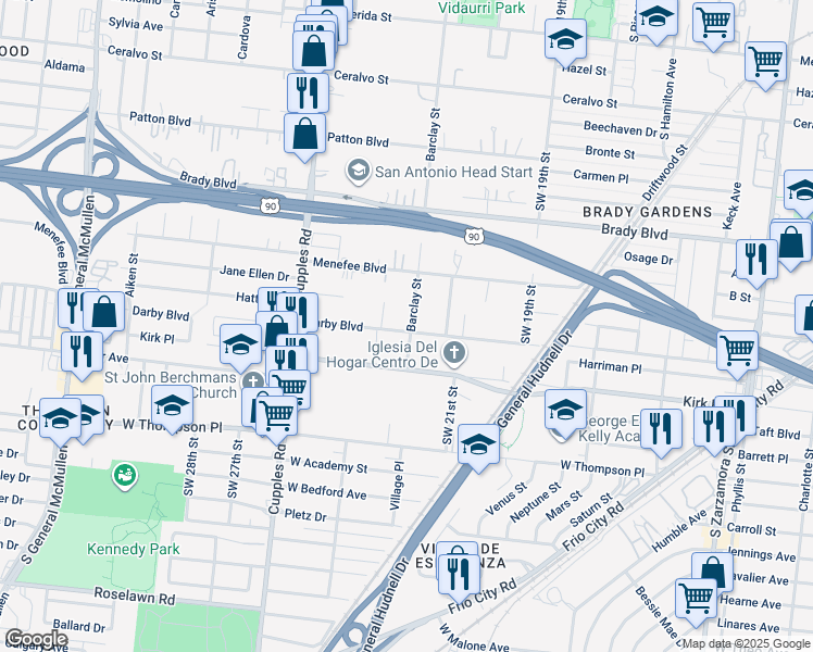 map of restaurants, bars, coffee shops, grocery stores, and more near 811 Darby Boulevard in San Antonio