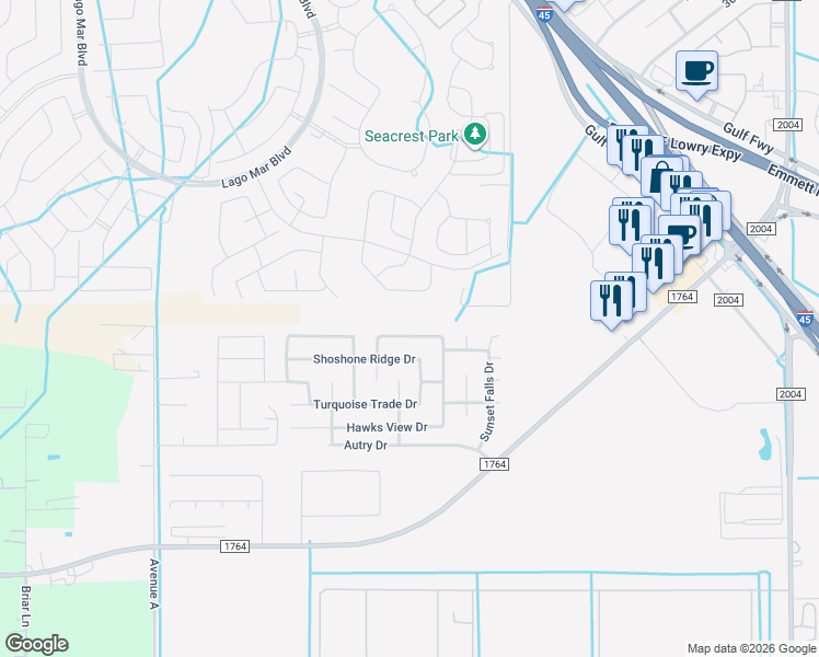 map of restaurants, bars, coffee shops, grocery stores, and more near 218 Splintered Arrow Drive in La Marque