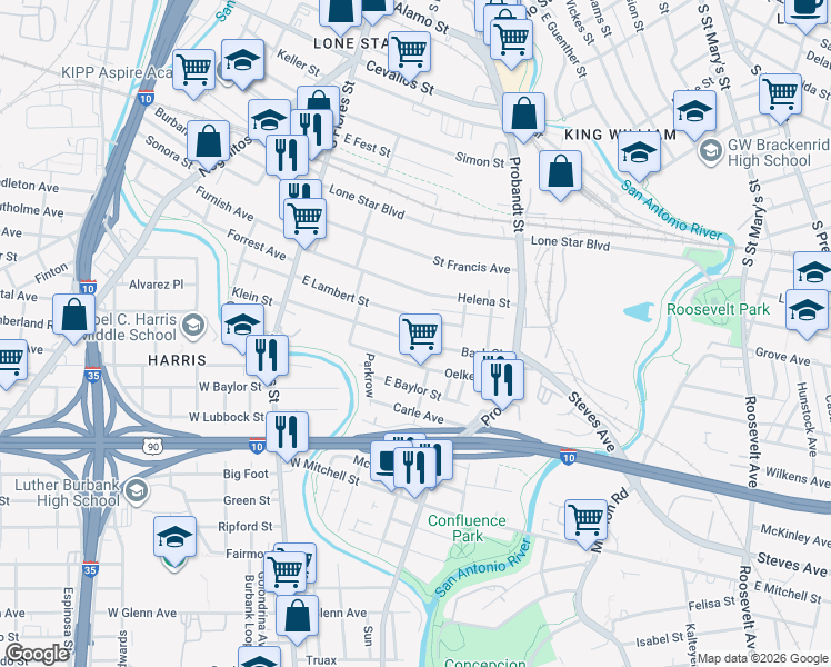 map of restaurants, bars, coffee shops, grocery stores, and more near 257 Bank in San Antonio
