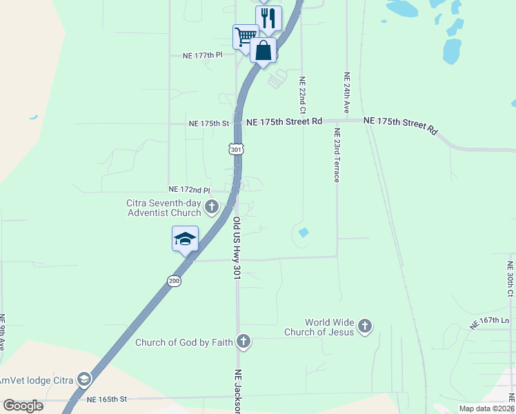 map of restaurants, bars, coffee shops, grocery stores, and more near 17201 Northeast Jacksonville Road in Citra