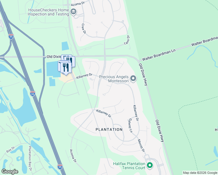map of restaurants, bars, coffee shops, grocery stores, and more near 3722 Longford Circle in Ormond Beach