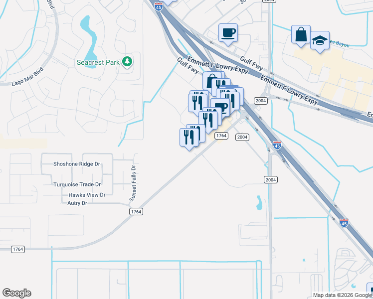map of restaurants, bars, coffee shops, grocery stores, and more near 3020 Farm to Market Road 1764 in La Marque