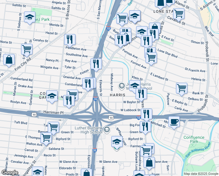 map of restaurants, bars, coffee shops, grocery stores, and more near 307 Givens Avenue in San Antonio
