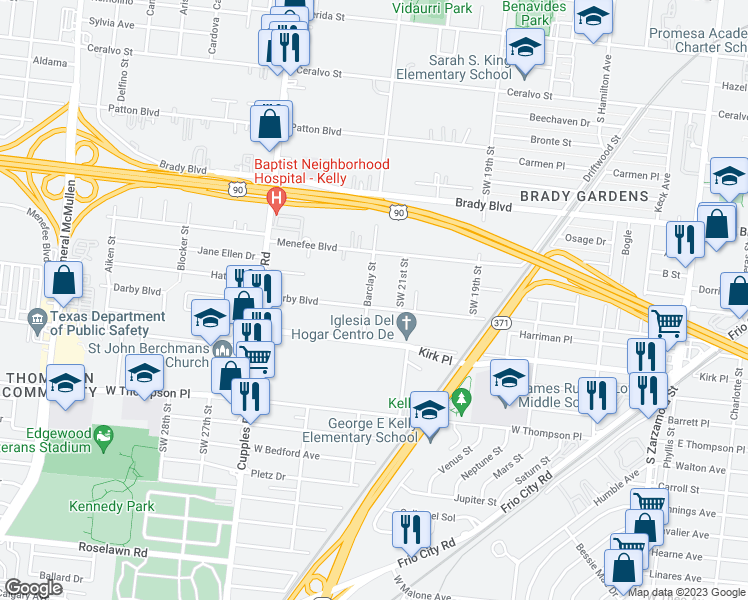 map of restaurants, bars, coffee shops, grocery stores, and more near 755 Darby Boulevard in San Antonio