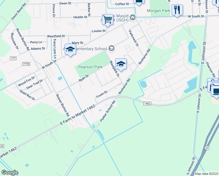 map of restaurants, bars, coffee shops, grocery stores, and more near 2070 Troon Drive in Alvin