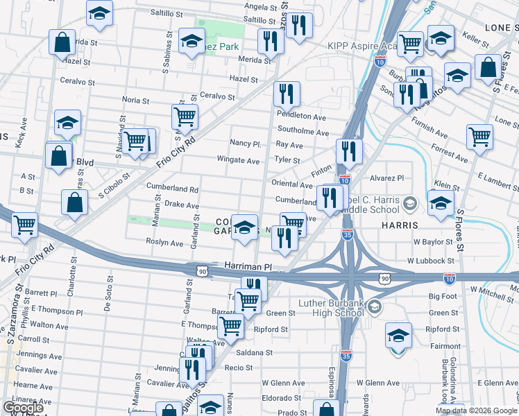 map of restaurants, bars, coffee shops, grocery stores, and more near 303 Drake Ave in San Antonio