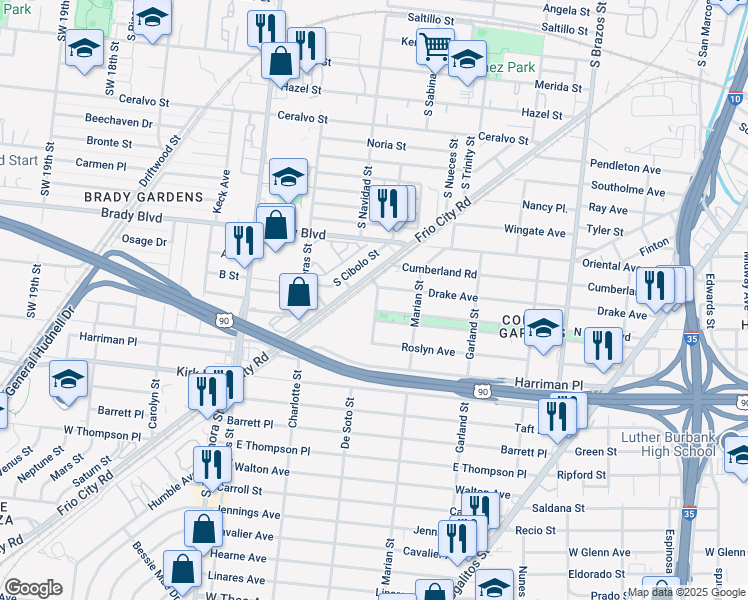 map of restaurants, bars, coffee shops, grocery stores, and more near 555 Academic Court in San Antonio