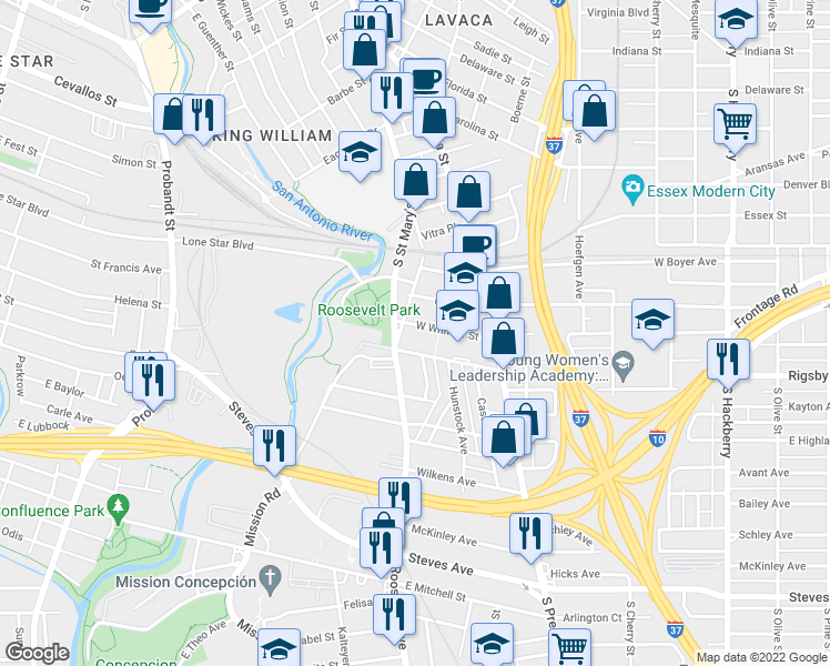 map of restaurants, bars, coffee shops, grocery stores, and more near 230 West Whittier Street in San Antonio