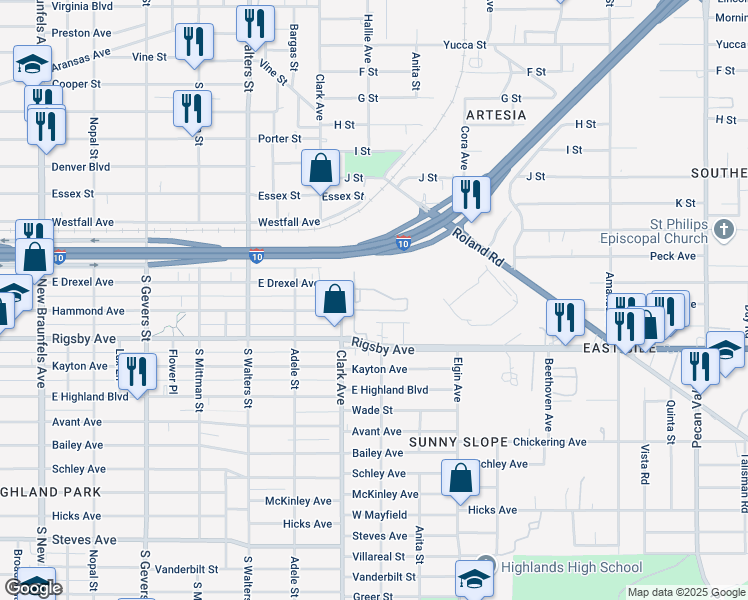 map of restaurants, bars, coffee shops, grocery stores, and more near 1303 Rigsby Avenue in San Antonio