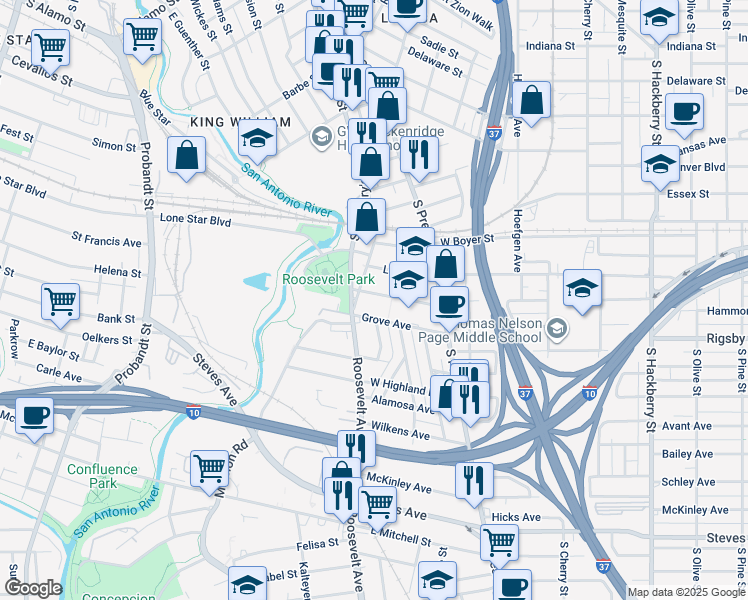 map of restaurants, bars, coffee shops, grocery stores, and more near 230 West Whittier Street in San Antonio