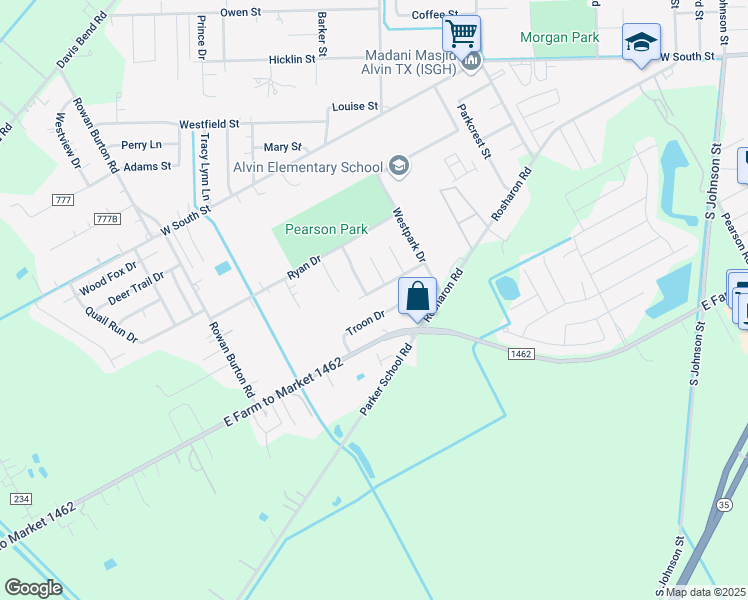 map of restaurants, bars, coffee shops, grocery stores, and more near 2070 Troon Drive in Alvin